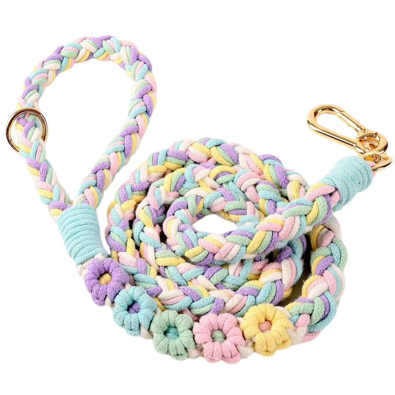 Handmade 5ft Braided Cotton Dog Leash with Unique Floral Handle, Durable and Stylish, Ideal for Small to Large Dogs, Rainbow Color - PawsPlanet Australia