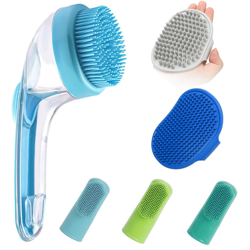 (6 Pcs) ELEGX Pet Grooming Bath Massage Brush with Soap and Shampoo Dispenser Soft Silicone Bristle for Long Short Haired Dogs Cats Shower Blue kit - PawsPlanet Australia