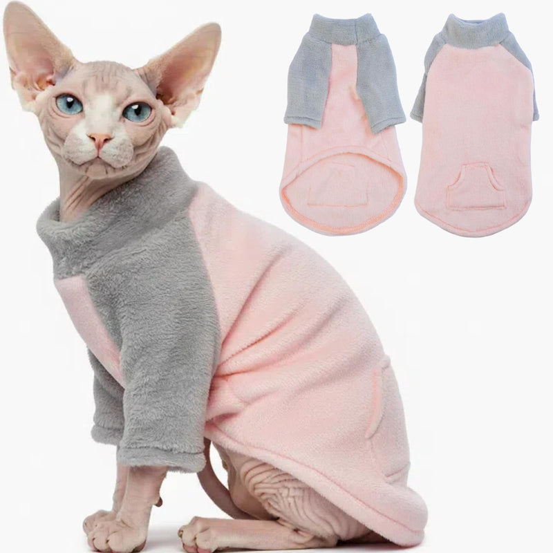 T'CHAQUE Sphynx Cat Clothes, Soft Fleece Winter Sweaters for Hairless Cats, Warm Pajama Jumpsuit with Sleeves and Hoodie, Cozy Pullover Outfit for Kittens X-Large Pink - PawsPlanet Australia