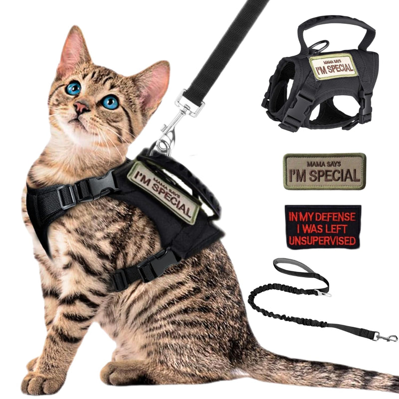 Tactical Cat Harness and Leash Set Soft Mesh Adjustable Large Cat Vest with Rubber Handle Easy to Control for Large Cat Small Dog Outdoor Walking Black