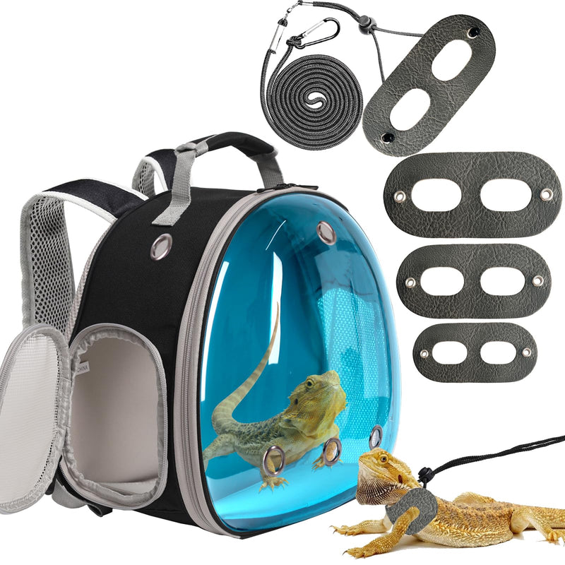 Bearded Dragon Travel Backpack with Harness and Leash Set,Lizard Backpack Travel Carrier,Space Capsule Clear Bubble Window Astronaut Reptile Carrier Backpack, Airline Approved Black/Blue Backpack+LSH Grey - PawsPlanet Australia