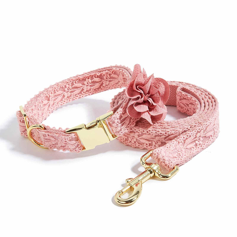 Pink Dog Collar Cotton Lace Handmade Embroidered Adjustable Dog Collar and Leash Set for Large Dogs with Rose Gold Metal Buckle & Fashion Flowers for Girl Dog Wedding Collar (Pink,S) Pink Small - PawsPlanet Australia