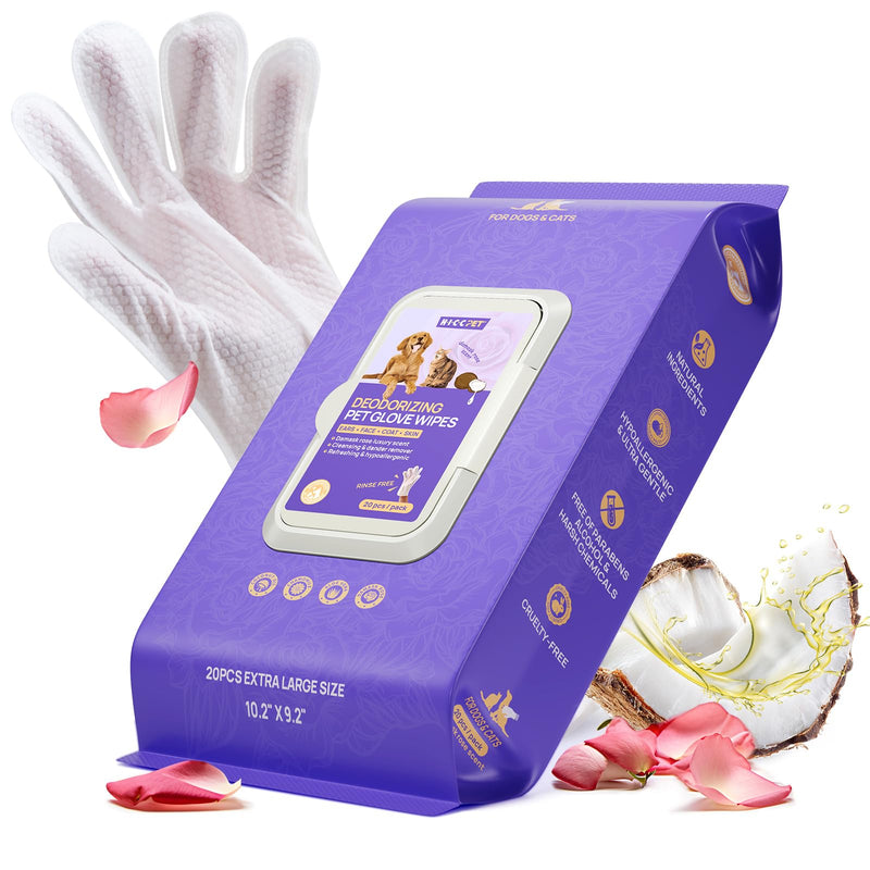 HICC PET Cleaning Deodorizing Glove Wipes for Dogs & Cats, Vet Recommended Hypoallergenic Hydrating & Nourish Fur Pet Grooming Glove Wipes, Pet Bathing Wipes for Horse Coat Care, 20pcs Rose Scent 20 PCS - PawsPlanet Australia