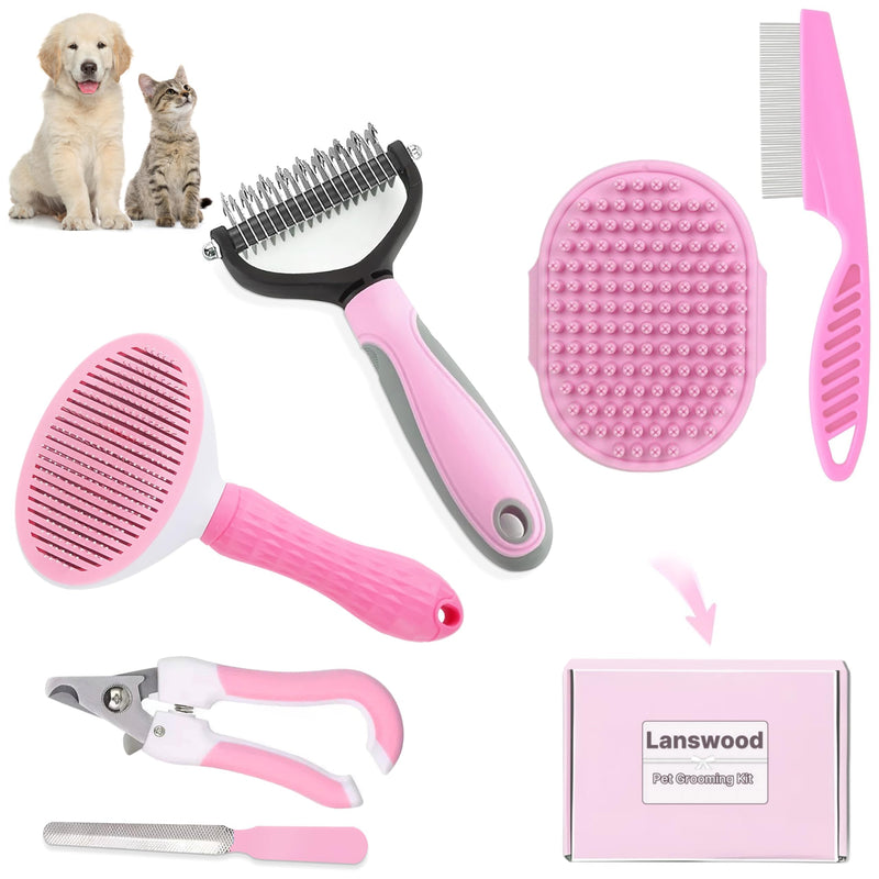 Dog Brush Grooming Kit 6PCS Dog Brush for Shedding-Dogs Brushes for Grooming, Dematting Comb for Dogs, Nail Clipper with Nail File, Flea Comb, Cat Bath Brush-Pink Pink - PawsPlanet Australia
