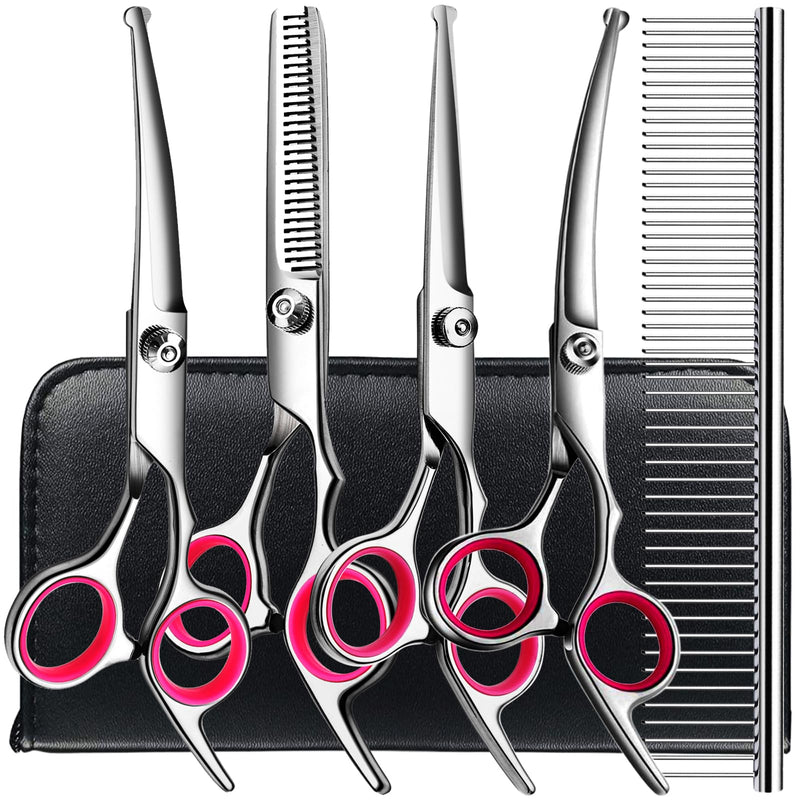 6 in1 Professional Dog Grooming Scissors Kit, Dog Shears for Grooming with Safety Round Tips, Titanium Coated Grooming Scissors for Dogs Cat Pet At Home Pink 6 in 1 - PawsPlanet Australia