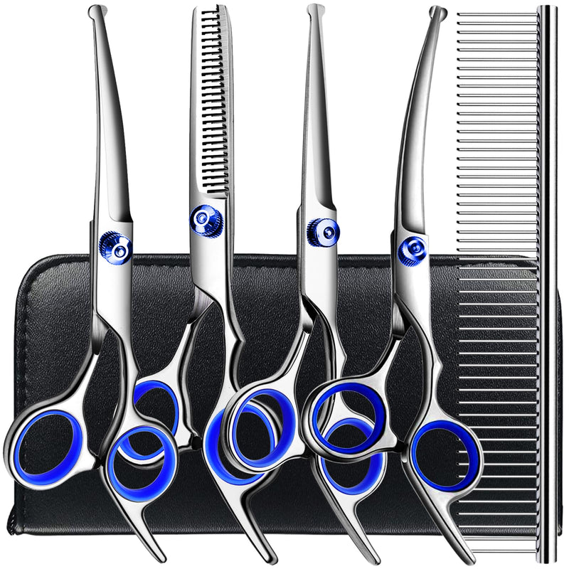 Professional 6 in1 Dog Grooming Scissors Kit, Titanium Coated Dog Scissors for Grooming, Grooming Shears Kit for Dogs Cat Pet At Home Blue 6 in 1 - PawsPlanet Australia