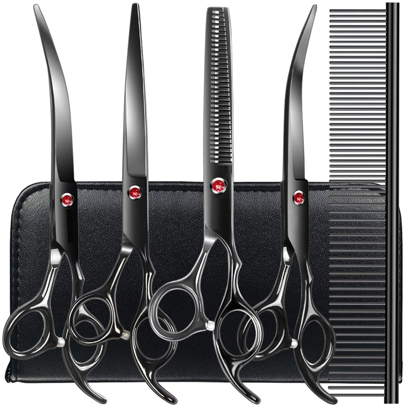 Professional Dog Grooming Scissors Kit Black 6 in 1, Dog Shears for Grooming 6CR Premium Stainless Steel Grooming Scissors Kit for Dogs Cat Pet Professional Black 6 in 1 - PawsPlanet Australia