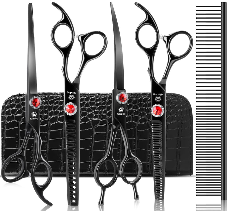 GLADOG 7 Inch Professional Dog Grooming Scissors Kit, Titanium Dog Scissors for Grooming, Heavy-Duty Dog Shears for Grooming, 6-in-1 Pet Grooming Scissors for Dogs, Cat Grooming Scissors (Black) Black - PawsPlanet Australia