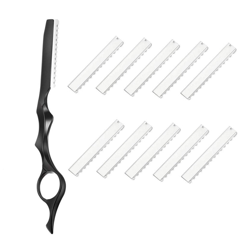 11Pcs Hair Styling Thinning Razor Set - 1 Razor, Thinning Comb, Texturizing Cutting Razor and 10 Replacement Stainless Steel Blades for Salon & Home Use (Black) Black - PawsPlanet Australia