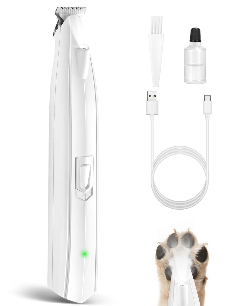 Dog Paw Trimmer for Grooming, Cordless Electric Dog Clippers with LED Light, Rechargeable Low Noise Small Pet Shaver for Trimming Cat's Hair Around Eyes, Faces, Ears, Paws, Rump(White) White