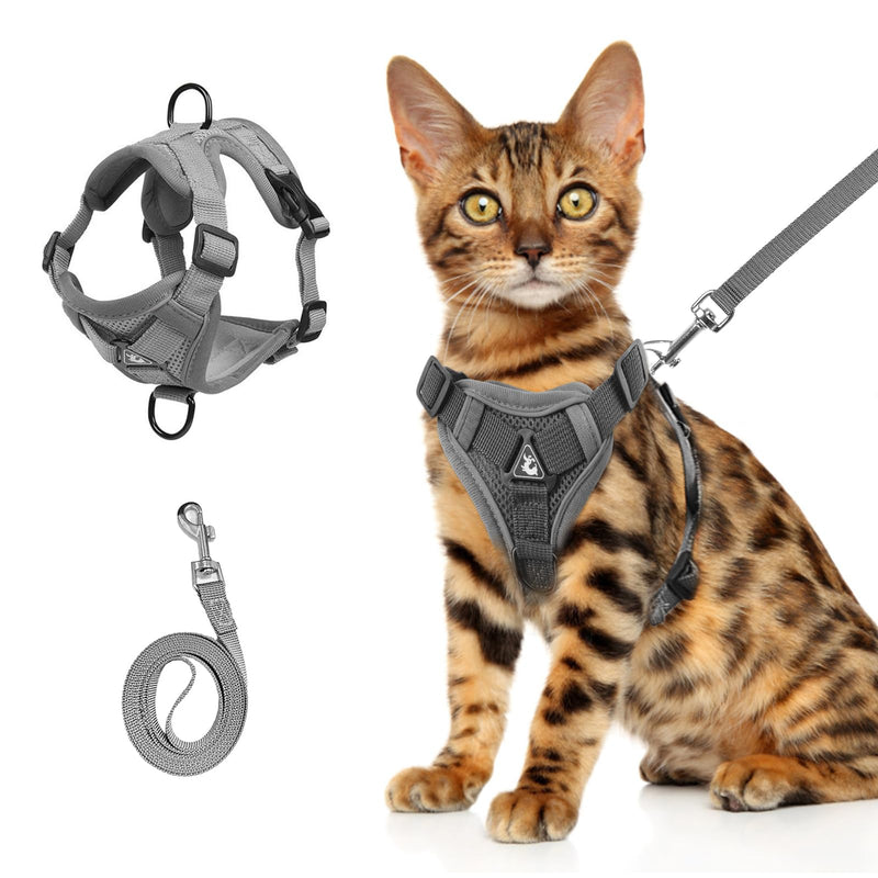Wanheart cat Chest Harness and Leash, Anti-Escape Adjustable Soft mesh cat Leash and Chest Harness Set for All Types of Cats cat Vests (Grey, 11.02-16.5lb) L grey - PawsPlanet Australia