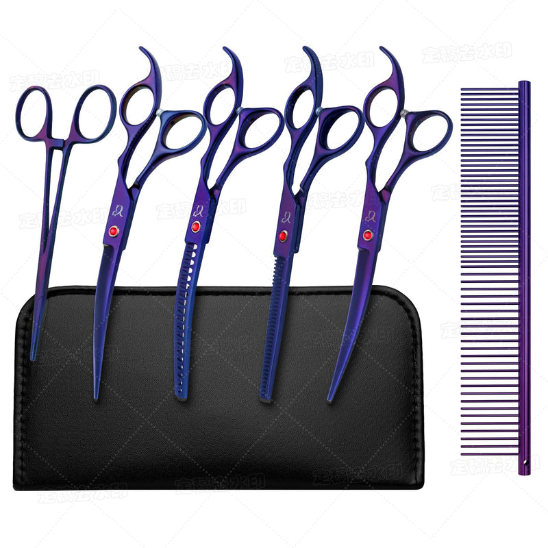 Dog Grooming Scissors,Purple Scissors Curved Scissors with Safety Round Tips,Sharp and Durable 6 in 1 Dog Scissors for Grooming - PawsPlanet Australia