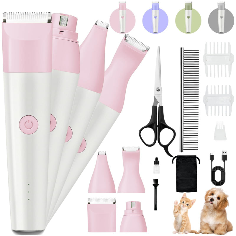 Dog Clippers Grooming Kit, 4 in 1 Quiet Cordless Dog Paw Trimmer & Nail Grinder, Small Cat Clippers Electric Rechargeable Low Noise Pet Shaver for Trimming Hair on Paw Eye Ear Face Rump (Pink) Pink - PawsPlanet Australia