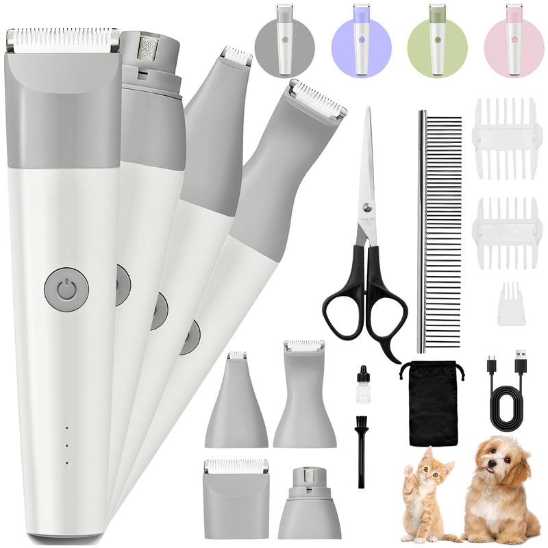 Dog Clippers Grooming Kit, 4 in 1 Quiet Cordless Dog Paw Trimmer & Nail Grinder, Small Dog Cat Clippers Electric Rechargeable Low Noise Pet Shaver for Trimming Hair on Paw Eye Ear Face Rump (Gray) Gray - PawsPlanet Australia