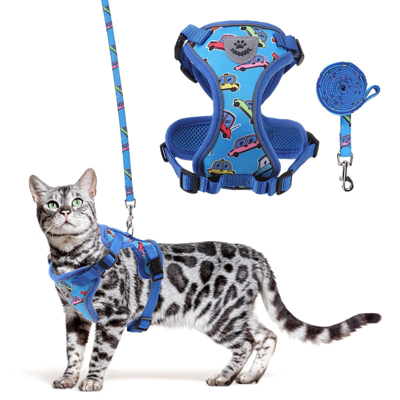KOOLTAIL Cat Harness and Leash Set, Escape Proof for Safe Walking & Travel, Reflective Comfortable Easy Control Adjustable Kitten Harness for Boys&Girls Small Medium Large Cats Car S Cartoon Car Pattern - PawsPlanet Australia