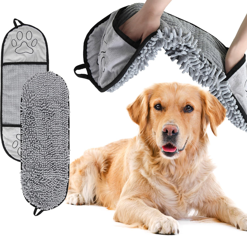 Absorbent Dog Towel, Microfiber Quick Drying Towel, Dog Bath Towel for Puppies, Super Absorbent Machine Washable Pet Towel with Hand Pocket, 9 x 23 inches (Gray) - PawsPlanet Australia