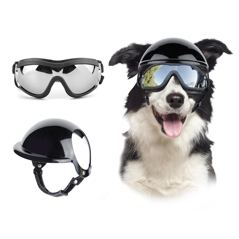 Dog Goggles and Helmet Set - Anti-dust UV Protection Sunglasses, Durable Motorcycle Helmet With Ear Hole, Adjustable Pet Glasses for Medium to Large Dogs - Black - PawsPlanet Australia