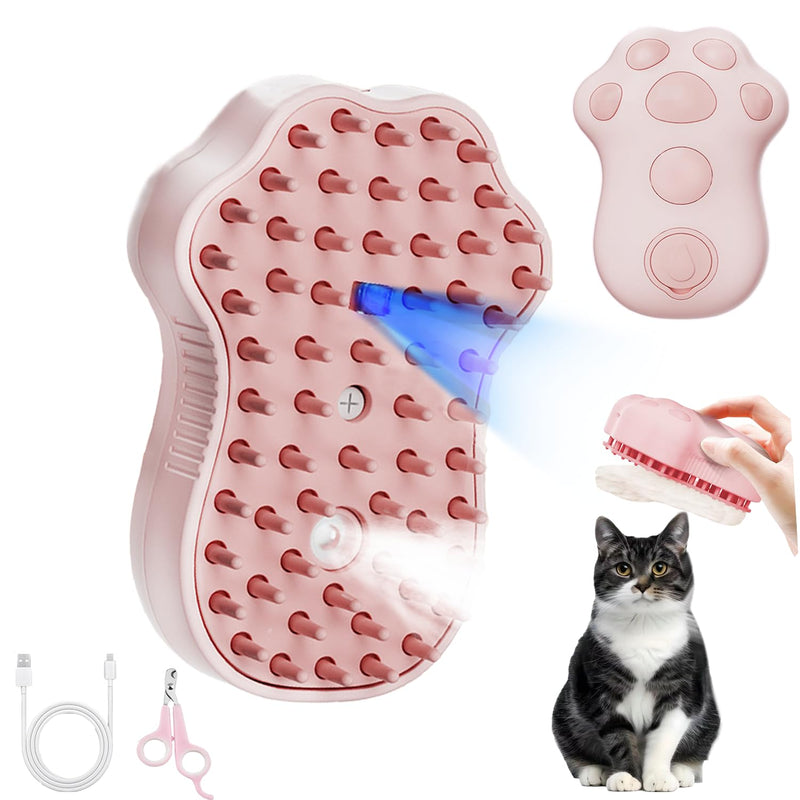 Cat Steam Brush,4 in 1 Spray Cat Brush, Pets Grooming Brush for Shedding, Portable Pet Hair Removal Tool For Cats and Dogs, Pets Steamy Brush,Pink - PawsPlanet Australia