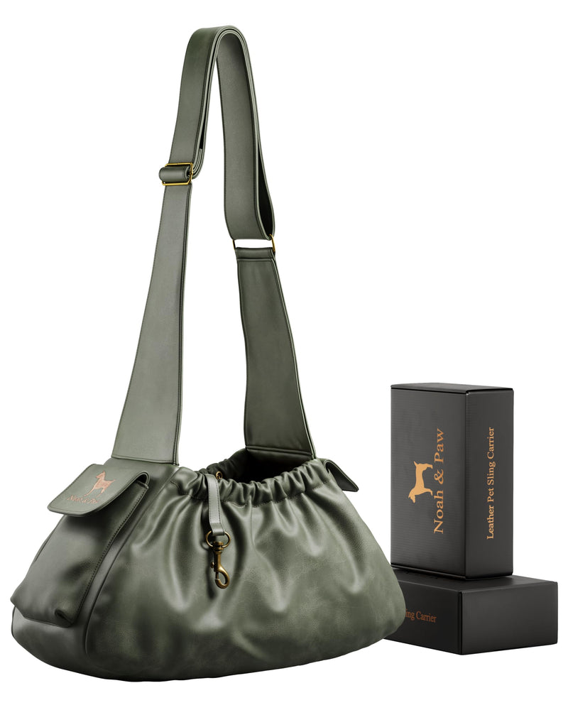Noah & Paw Dog Sling Carrier for Small Dogs 5-18lb, Dog Sling for Small Dogs and Cats, Dog Carrier with Adjustable Padded Strap, Vegan Leather Lined with Fur, Double Safety Feature, Machine Washable Dark Green 18.0"L x 10.0"W x 6.5"H - PawsPlanet Australia