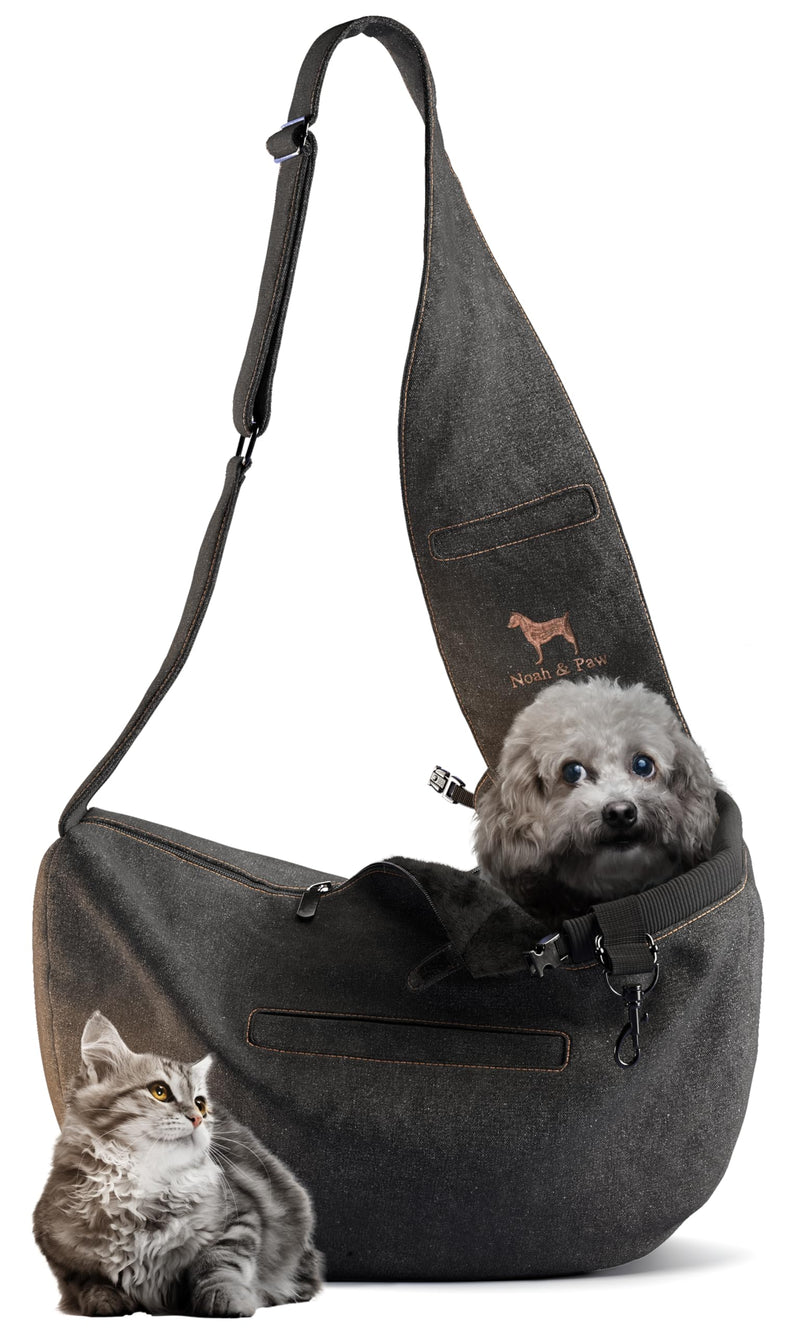 Noah & Paw Dog Sling Carrier for Small Dogs 5-18lb, Dog Sling for Small Dogs and Cats, Dog Carrier with Adjustable Padded Strap, Denim Lined with Fur, 3X Safety Features, Machine Washable Black 18.0"L x 10.0"W x 5.5"H - PawsPlanet Australia