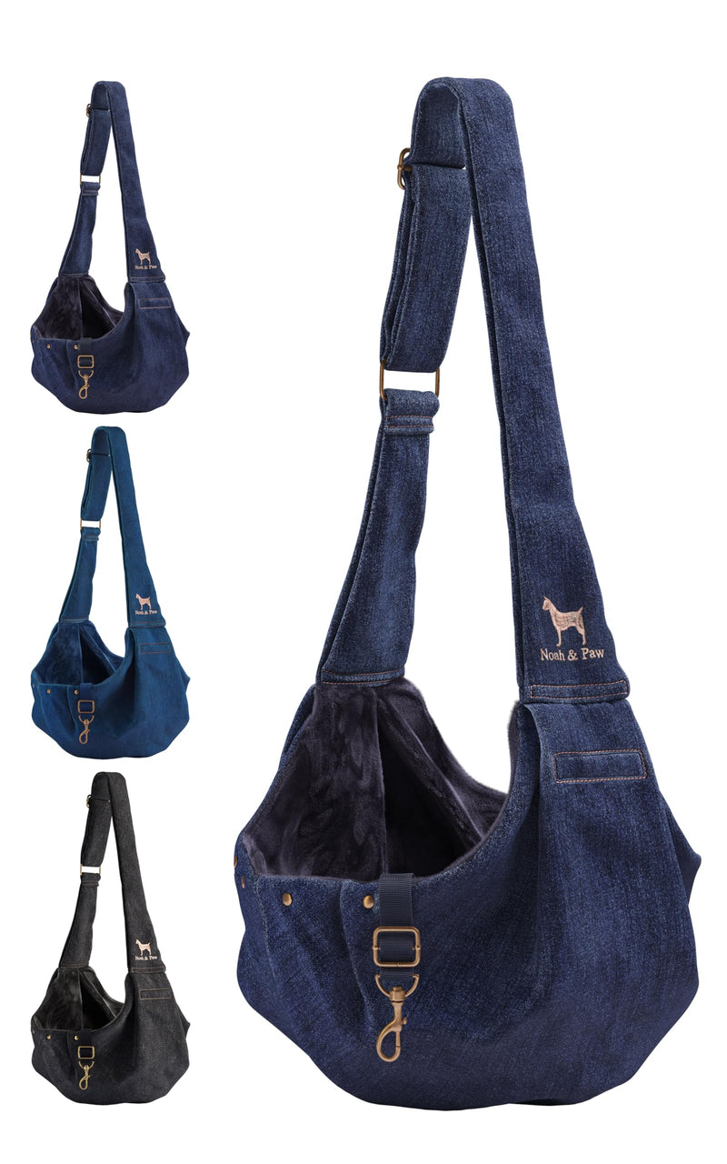 Noah & Paw Dog Sling Carrier for Small Dogs 5-18lb, Dog Sling for Small Dogs and Cats, Dog Carrier with Adjustable Padded Strap, Premium Denim, Lined with Fur, Double Safety Feature, Machine Washable Dark Blue 18.0"L x 10.0"W x 6.5"H - PawsPlanet Australia