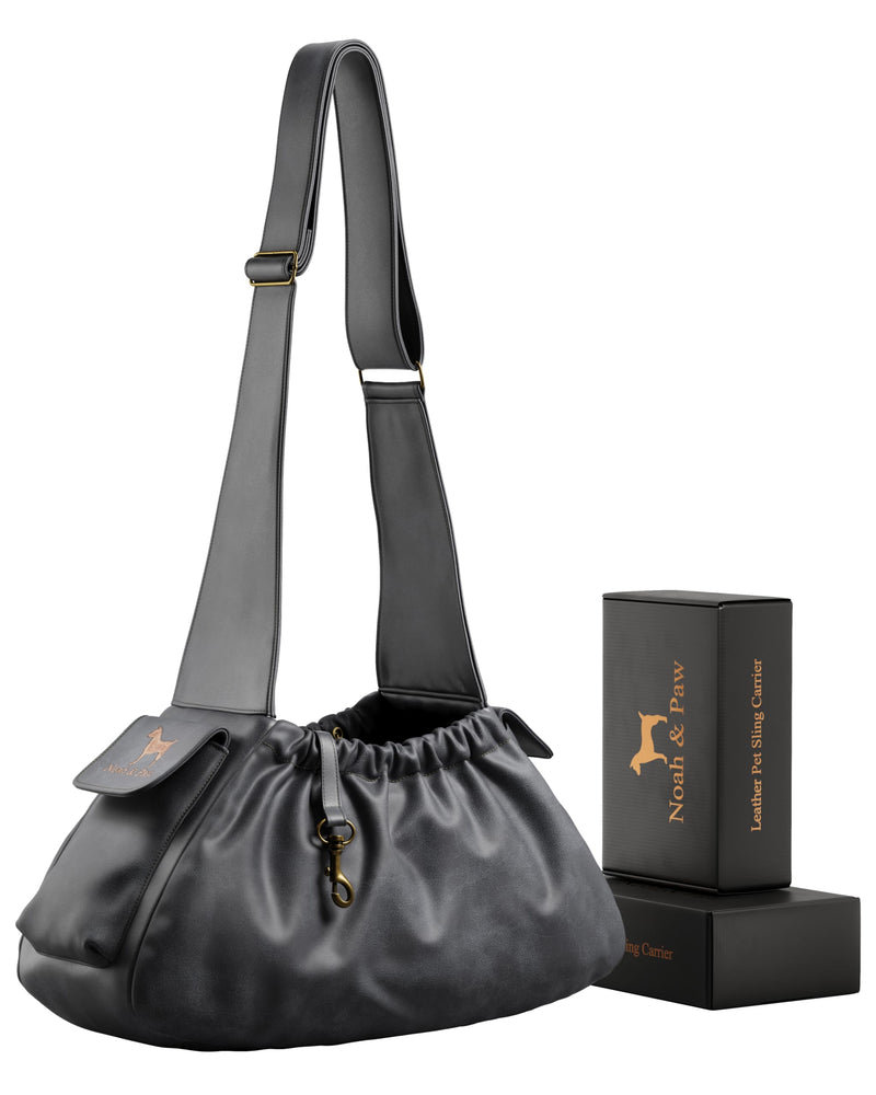 Noah & Paw Dog Sling Carrier for Small Dogs 5-18lb, Dog Sling for Small Dogs and Cats, Dog Carrier with Adjustable Padded Strap, Vegan Leather Lined with Fur, Double Safety Feature, Machine Washable Charcoal 18.0"L x 10.0"W x 6.5"H - PawsPlanet Australia