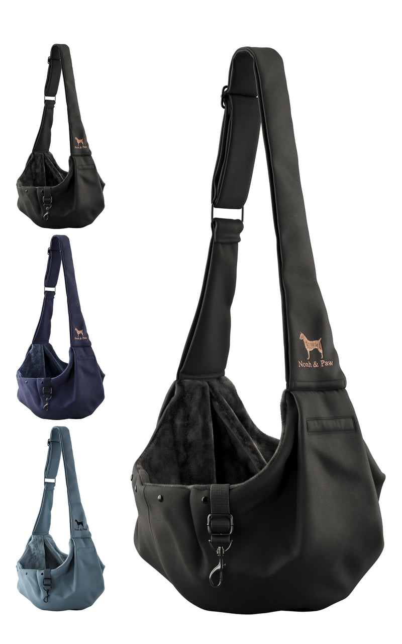 Noah & Paw Dog Sling Carrier for Small Dogs 5-18lb, Dog Sling for Small Dogs and Cats, Dog Carrier with Adjustable Padded Strap, Premium Twill, Lined with Fur, Double Safety Feature, Machine Washable Black 18.0"L x 10.0"W x 6.5"H - PawsPlanet Australia