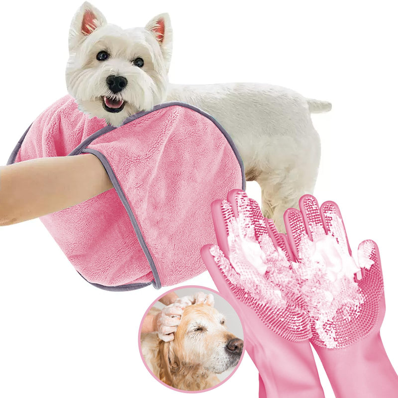 Dog Washing Gloves - Quick Drying Dog Towel,Cat Bath Grooming Gloves Brush with High-Density Teeth for Bathing Massaging，Absorbent Pet Bath Towel 30.3"x13.8" with Hand Pocket for Dog Cat Pink Pink-Gloves Towel - PawsPlanet Australia