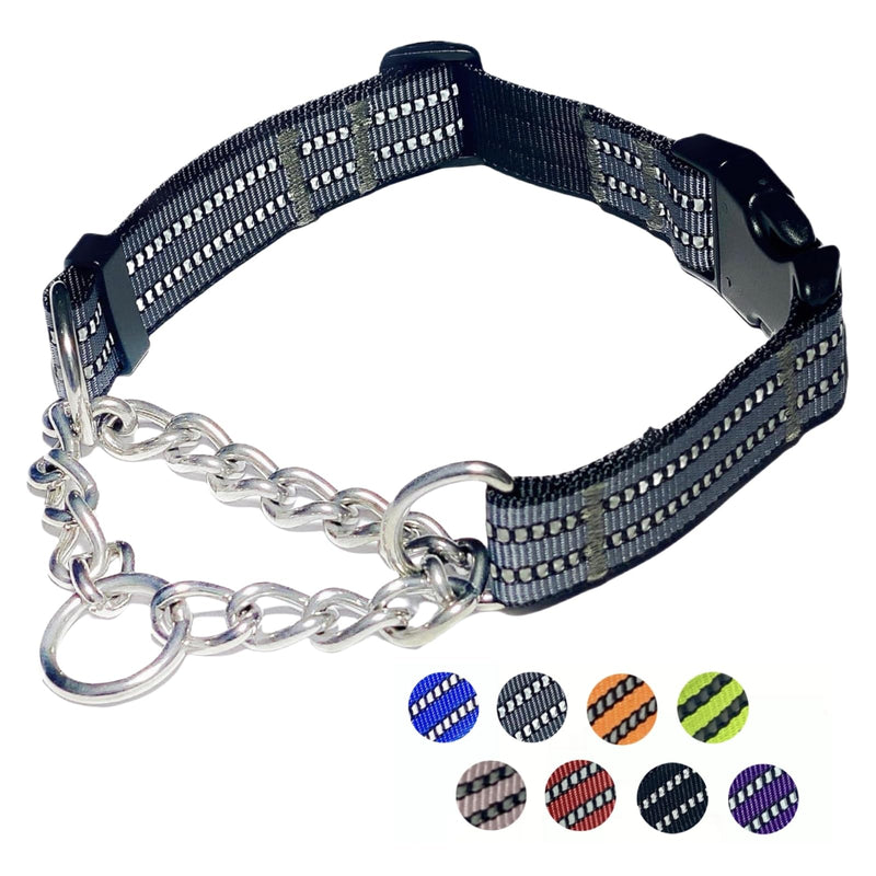 Martingale Dog Collars, Reflective Nylon Collar with Stainless Steel Chain, Adjustable Walking Training Dog Collars with Quick Release Buckle, Suitable for Small Medium Large Dogs(Gray,XL) Extra Large-(dog's neck 20~25.5inches) Gray - PawsPlanet Australia