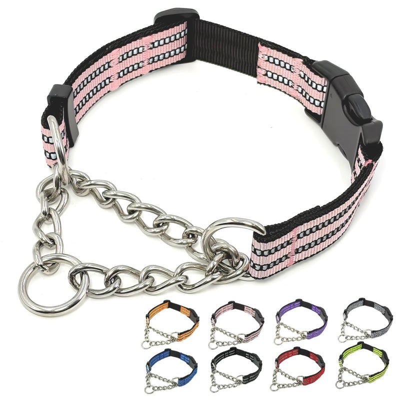 Martingale Dog Collars, Reflective Nylon Collar with Stainless Steel Chain, Adjustable Walking Training Dog Collars with Quick Release Buckle, Suitable for Small Medium Large Dogs(Pink,L) Large-(dog's neck 16~20.5inches) Pink - PawsPlanet Australia