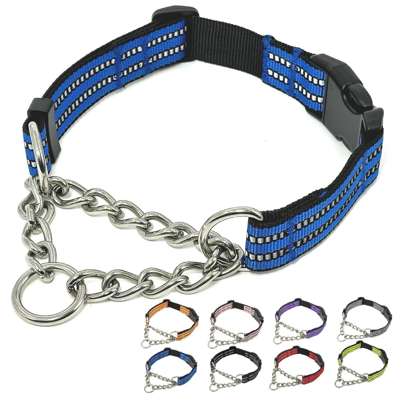 Martingale Dog Collars, Reflective Nylon Collar with Stainless Steel Chain, Adjustable Walking Training Dog Collars with Quick Release Buckle, Suitable for Small Medium Large Dogs(Blue,M) Medium-(dog's neck 13~16.5inches) Blue - PawsPlanet Australia