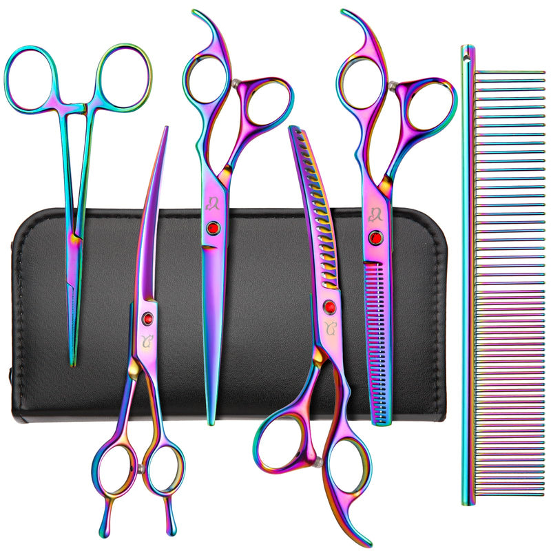 Dog Grooming Scissors,Rainbow Curved Scissors with Safety Round Tips,Sharp and Durable 6 in 1 Dog Scissors for Grooming - PawsPlanet Australia