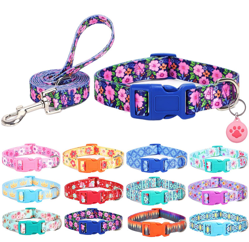 Dog Collar with Leash Airtag Holder Case Set - Dog Collars for Male Female Boy Girl Puppy X-Small Small Medium Large Dogs Walking Running Training - Daisy/XS XS:7.8-11.8'' girth , 0.6'' width