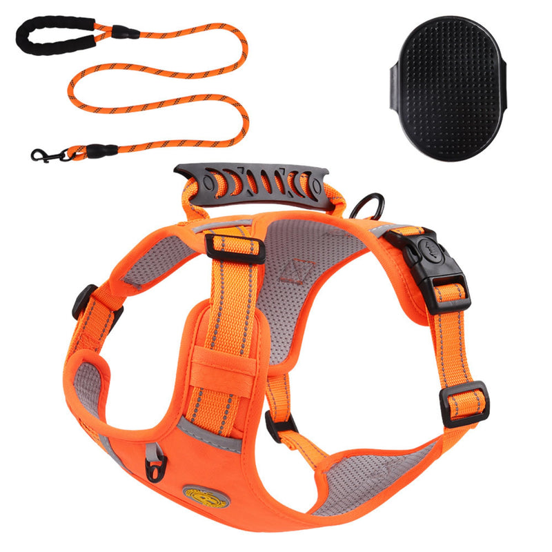 [3 in 1] Heavy Duty Dog Harness, No-Pull Reflective Tough Trim Harness for Small, Medium & Large Dogs - Military Grade Nylon, 2 Leash Clips & Handle with Padded Leash and Brush (Orange, Extra Large) Orange - PawsPlanet Australia