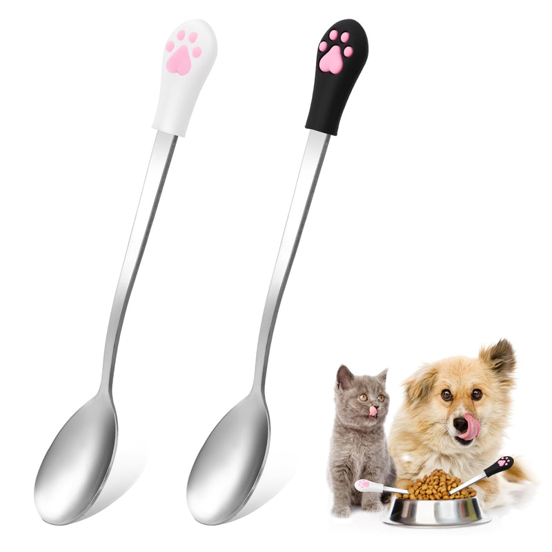 2 Pcs Dog Cat Spoon Pet Can Stainless Steel Cat Claw Long Handle Food Scoop Feeder for Wet Food and Can (White and Black) - PawsPlanet Australia