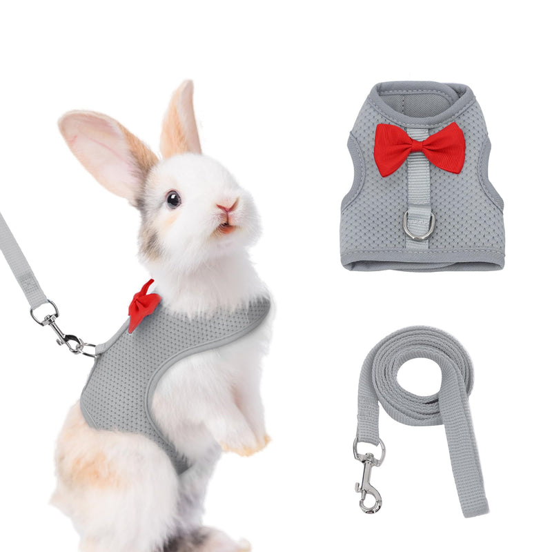 AIITLE Bunny Harness and Leash Set with Cute Bow, Soft Breathable Mesh Vest Harness for Rabbits Kitten Ferret Small Pig Puppy Walking Supplies Grey M Medium - PawsPlanet Australia