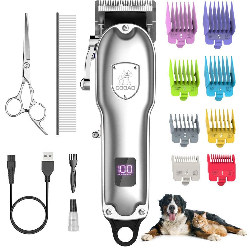 Dog Hair Clippers for Grooming Cordless Pet Clippers for Dogs Thick Hair with Metal Blades, Electric Rechargeable Dog Trimmer for Grooming Low Noise Pet Grooming Kit Silver - PawsPlanet Australia