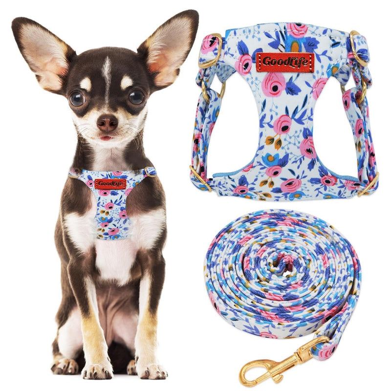 OaaXbbECco No Pull Floral Pattern Puppy Harness,Soft Adjustable Dog Harness Vest and Dog Leash Set No Choke Escape Proof (Blue Rose, XXS) Blue Rose - PawsPlanet Australia