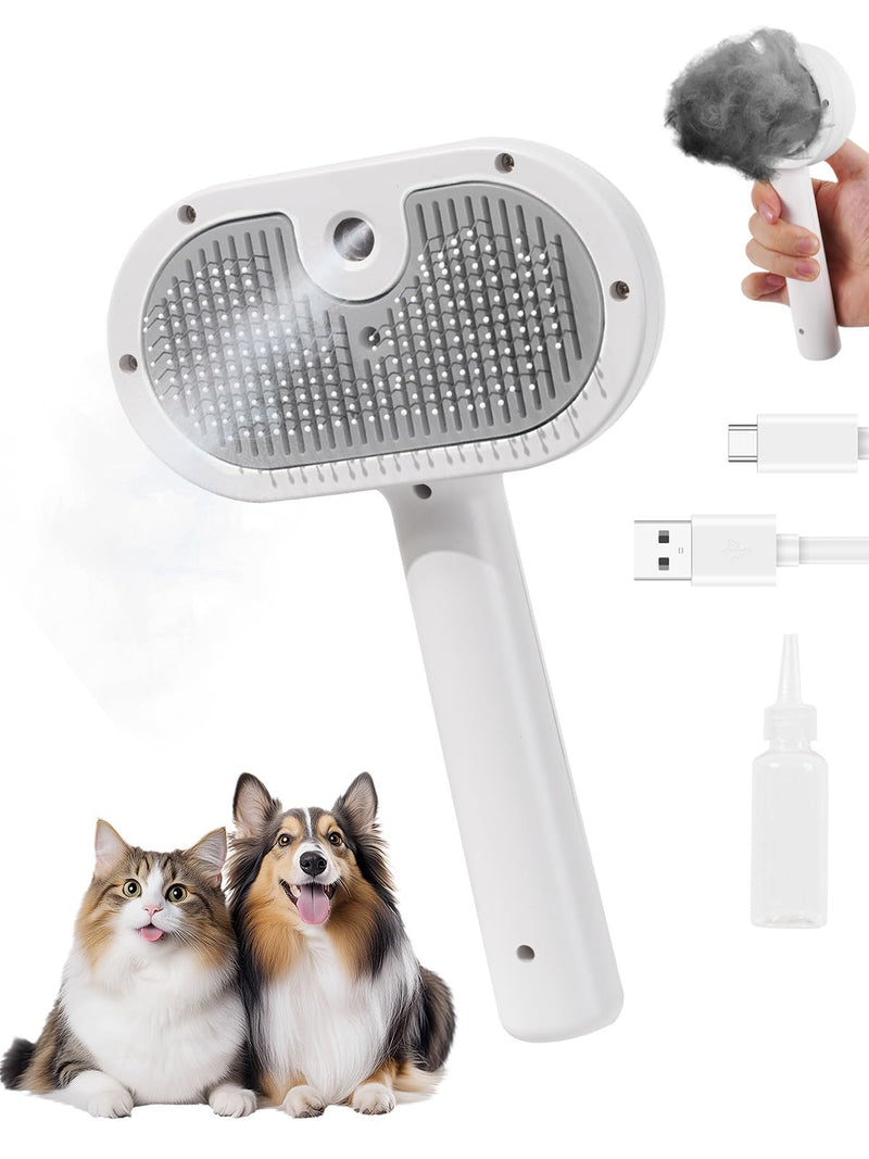 Cat Steam Brush for Cats & Dogs,3-in-1 Self Cleaning Pet Grooming Brush with One-Click Hair Release Button, Anti-Static Deshedding & Detangling Cat Hair Brush, Stainless Steel Bristles,Long/Short Hair White