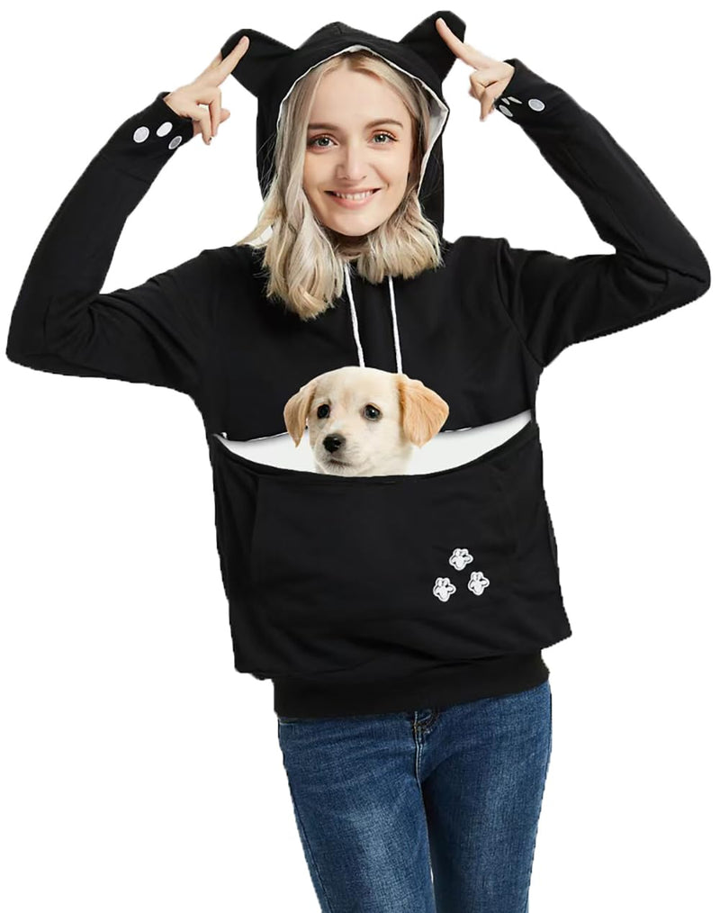 Cat Hoodie Pouch Kitten Puppy Carrier Hood Sweatshirt Pet Pocket Holder Top X-Large Black - PawsPlanet Australia