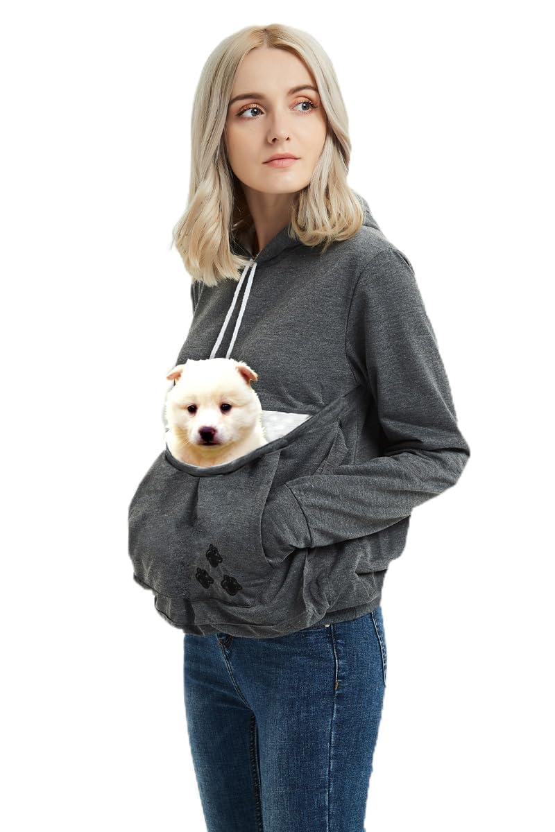 Cat Hoodie Pouch Kitten Puppy Carrier Hood Sweatshirt Pet Pocket Holder Top Small Dark Grey - PawsPlanet Australia