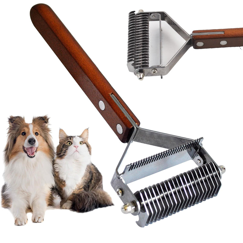 Pet Undercoat Rake for Long Haired Dogs Cats,2 in 1 Cat Safe Dematting Comb and Deshedding Brush Dog Grooming Tools with Wooden Handle Efficiently Remove Mats, Tangles, Loose Hair - PawsPlanet Australia