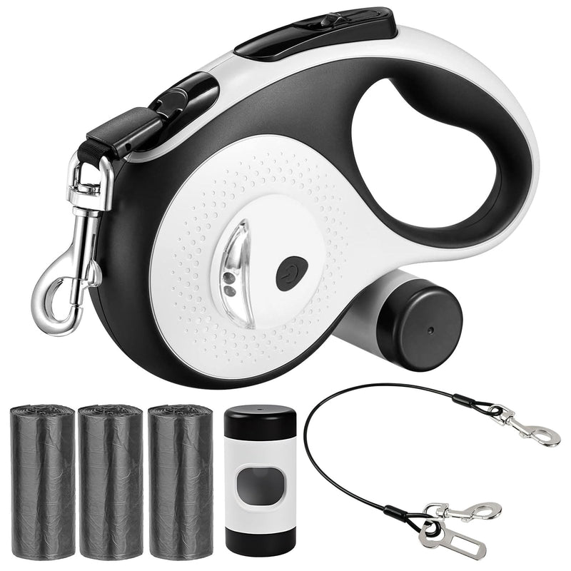 26Ft Retractable Dog Leash - for Dog Up to 110lbs, Tangle Free Walking Leash with Chew Proof Cable | LED Light | Dispenser | Poop Bags, Quick Lock Braking & Non-Slip Handle (White) 26 ft White - PawsPlanet Australia