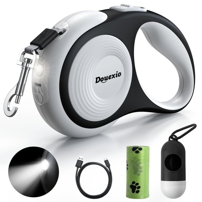 Retractable Dog Leash with LED Flashlight, Douexio Upgrade 3 in 1 Dog Leash Retractable for Small Medium Dogs Up to 66 lbs, 16ft, Anti-Slip Handle,One-Handed Brake (White) White - PawsPlanet Australia