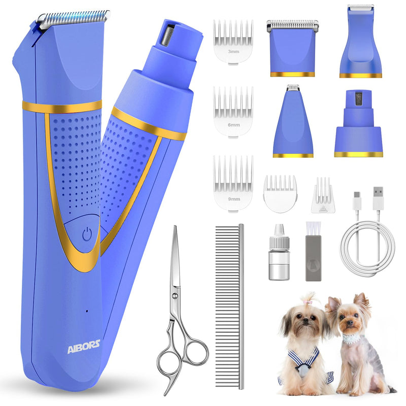Small Dog Grooming Kit, 4 in 1 Electric Cordless Dog Paw Trimmer with Nail Grinder, Low Noise Dogs Nail Trimmers, IPX7 Waterproof Small Dogs Grooming Clippers for Paws, Ears, Face, Hip Hairl D-blue - PawsPlanet Australia