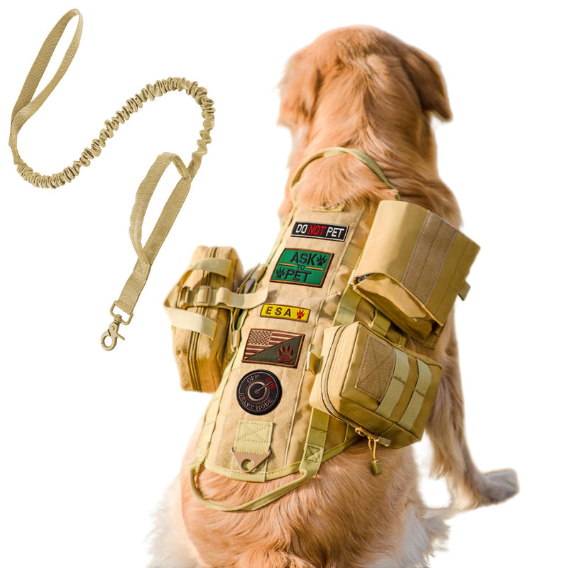 AIWAI Tactical Dog Harness with Pouches,Dog Vest Harness for Large Medium Dogs No-Pull Adjustable Military Dog Harness with Handle Walking Hiking Training (Khaki(with Leash), XL) Khaki(With Leash) - PawsPlanet Australia
