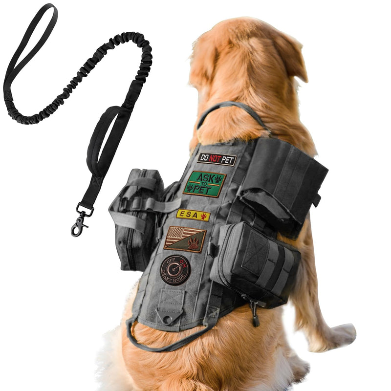 AIWAI Tactical Dog Harness with Pouches,Dog Vest Harness for Large Medium Dogs No-Pull Adjustable Military Dog Harness with Handle Walking Hiking Training (Black(with Leash), XL) Black(With Leash) - PawsPlanet Australia