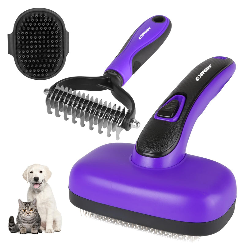 Dog Brush Kit – 3 PCS Grooming Set with Self-Cleaning Brush, Undercoat Rake & Pet Bath Brush. Great for Shedding, Tangles & Dirt Removal – Ideal for Long & Short Haired Dogs & Cats, Purple - PawsPlanet Australia