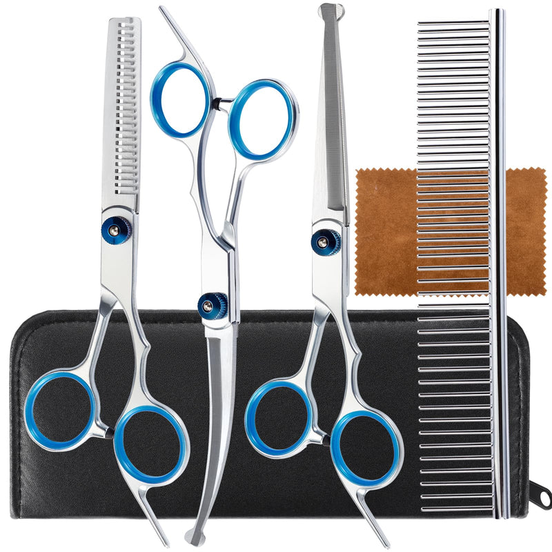 5 in 1 Premium Dog Grooming Scissors, Professional Dog Scissors for Grooming with Safety Round Tips, Lengnoyp Stainless Steel Thinning Shears, Dog Pet Cat Shears for Grooming Kit - PawsPlanet Australia
