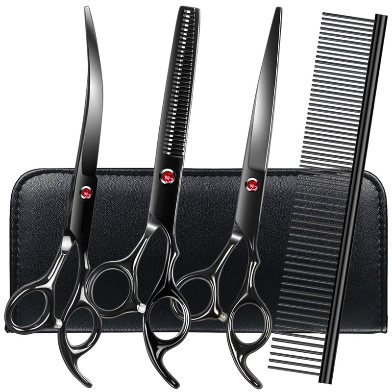 Professional Dog Grooming Scissors Set Stainless Steel Dog Grooming Kit - Thinning, Curved Scissors and Comb for Cat Pet (Black 5 in1) Black 5 in 1 - PawsPlanet Australia